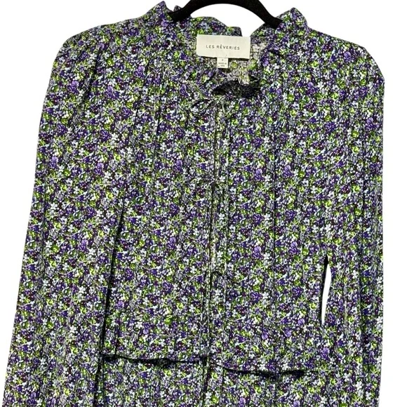 Les Reveries Ruffle Picnic Mini Floral 100% Silk Dress in Ditsy Purple Pansies - Picture 3 of 12